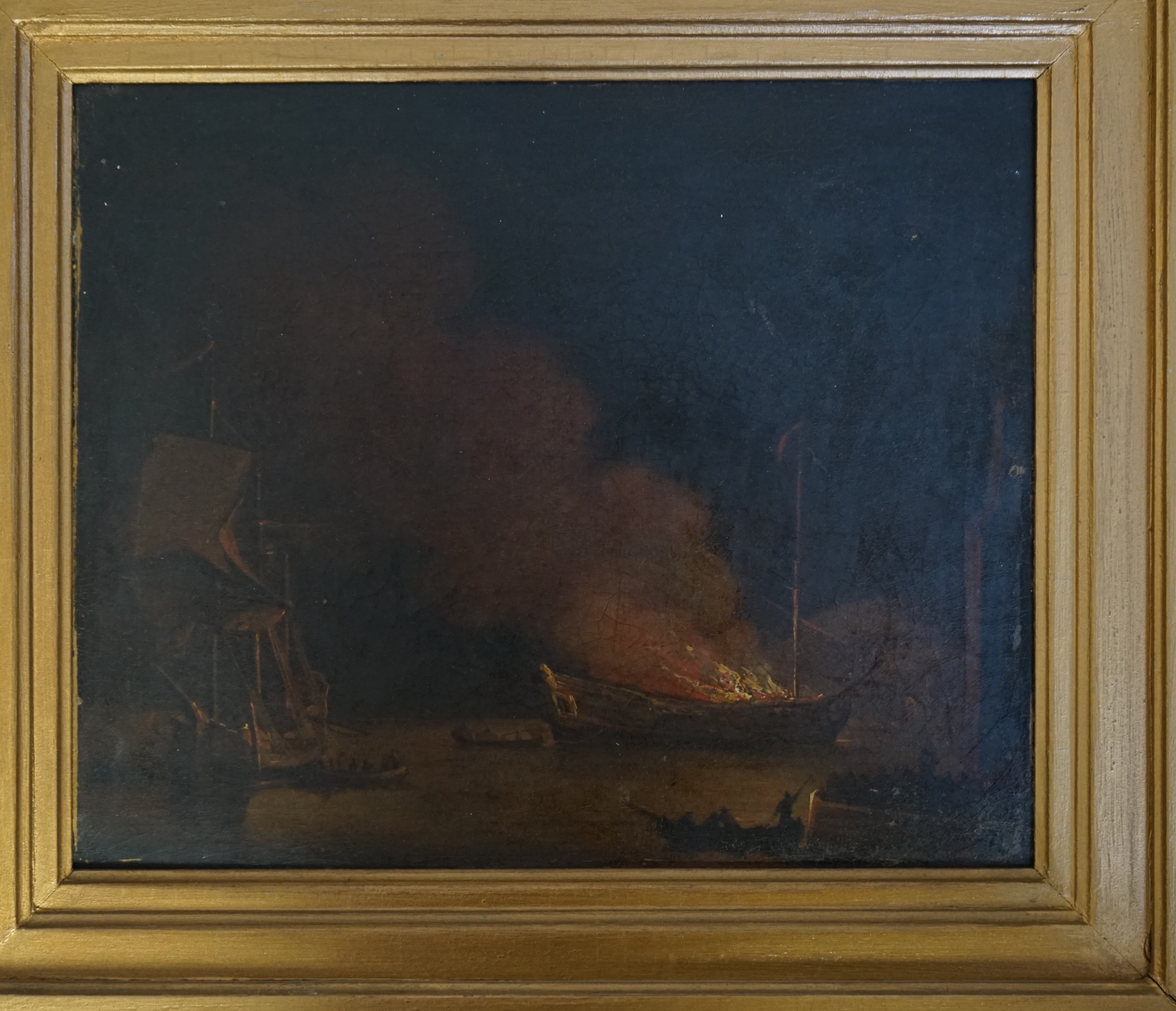 Circle of Thomas Luny (British, 1759-1837), A burning ship at night, oil on canvas, 24 x 29cm